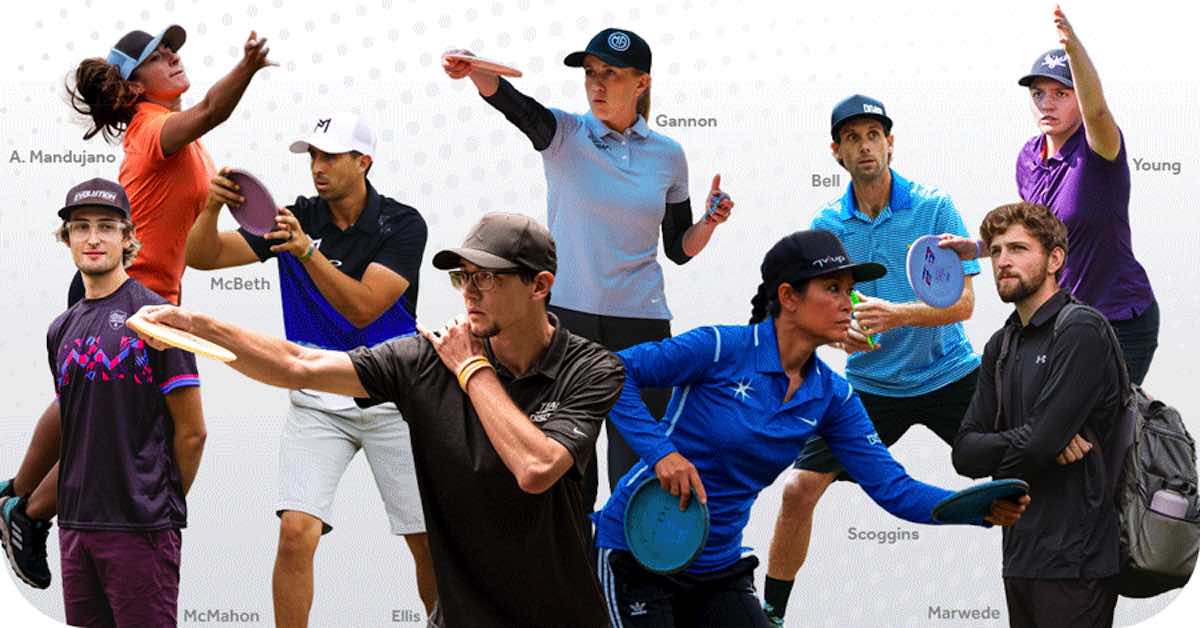 A variety of male and female disc golfers in putting position on a gray background