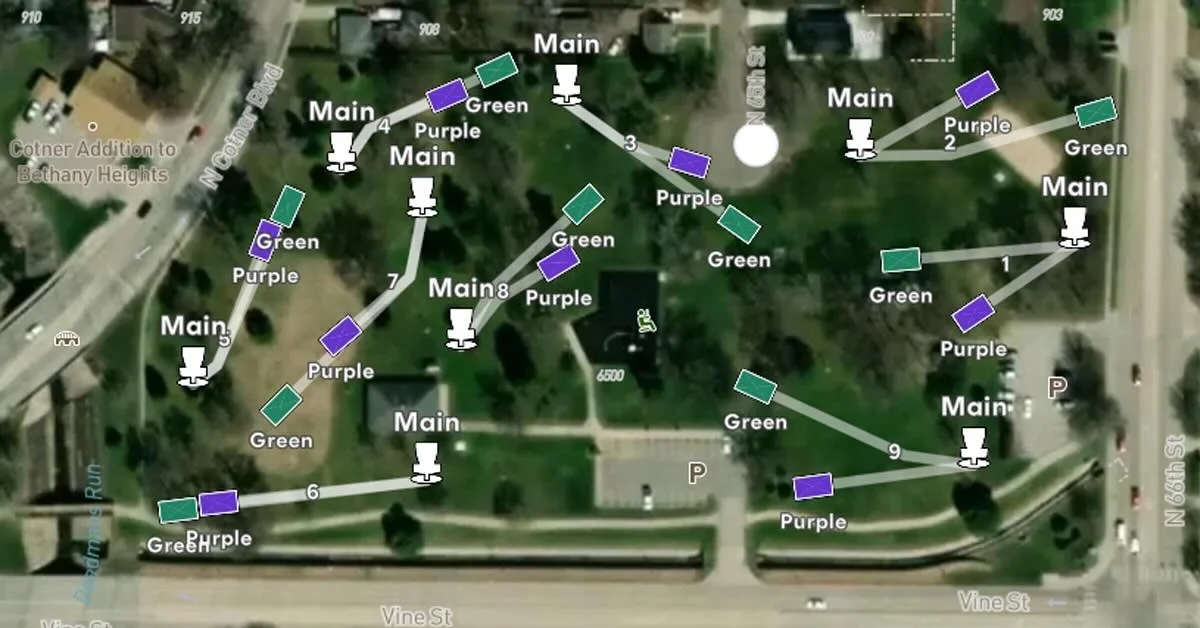 A map view of a disc golf course layout with tees and baskets marked