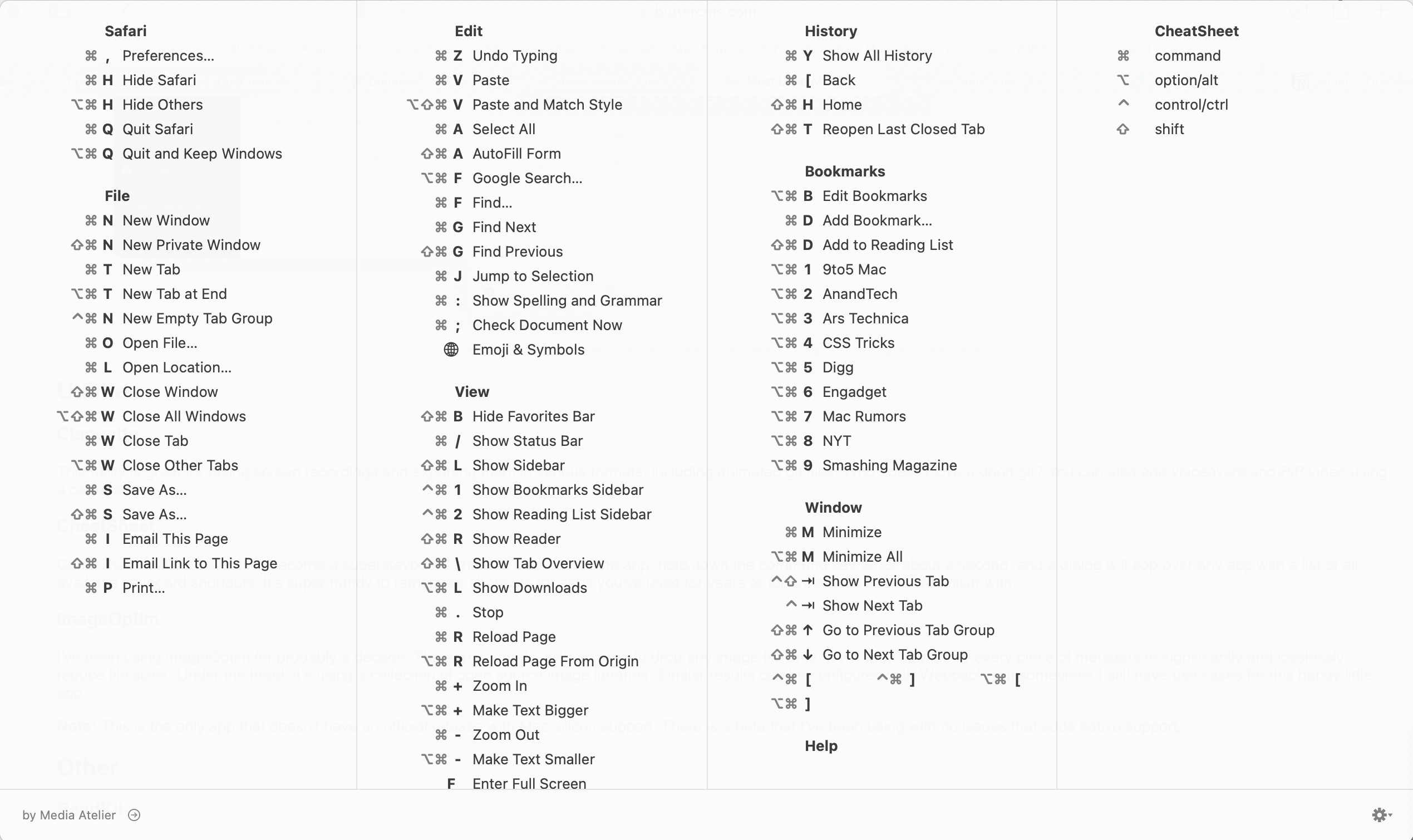 Cheatsheet Overpanel UI