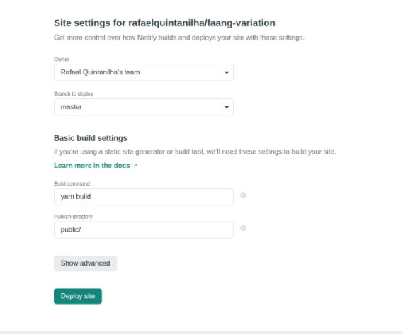 Screenshot of Github interface for build settings