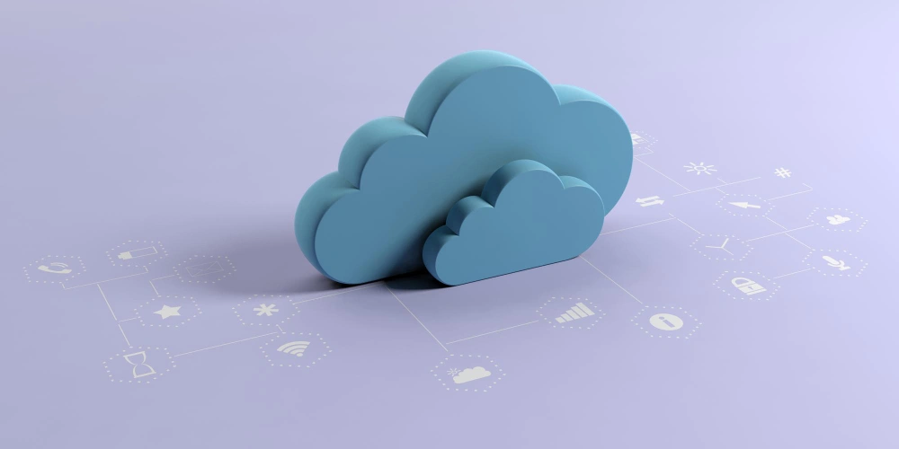 3D representation of cloud computing with network connection icons on a purple background.