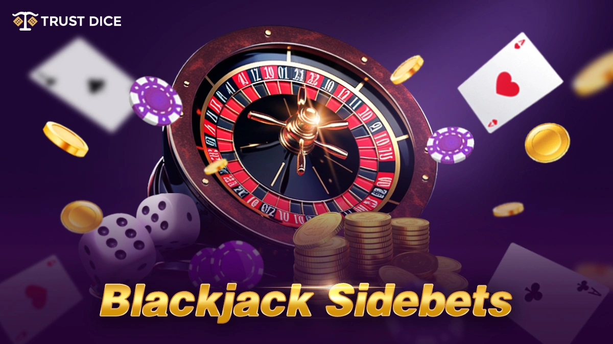 Promoting 'TrustDice' & 'Blackjack Sidebets': Roulette, dice, cards, coins.