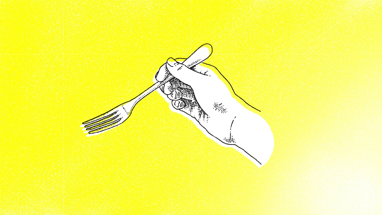 A yellow background with an illustration of a hand holding a fork