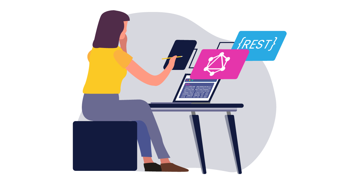 Illustration: A woman sitting at a desk deciding if she should use graphql or a rest api