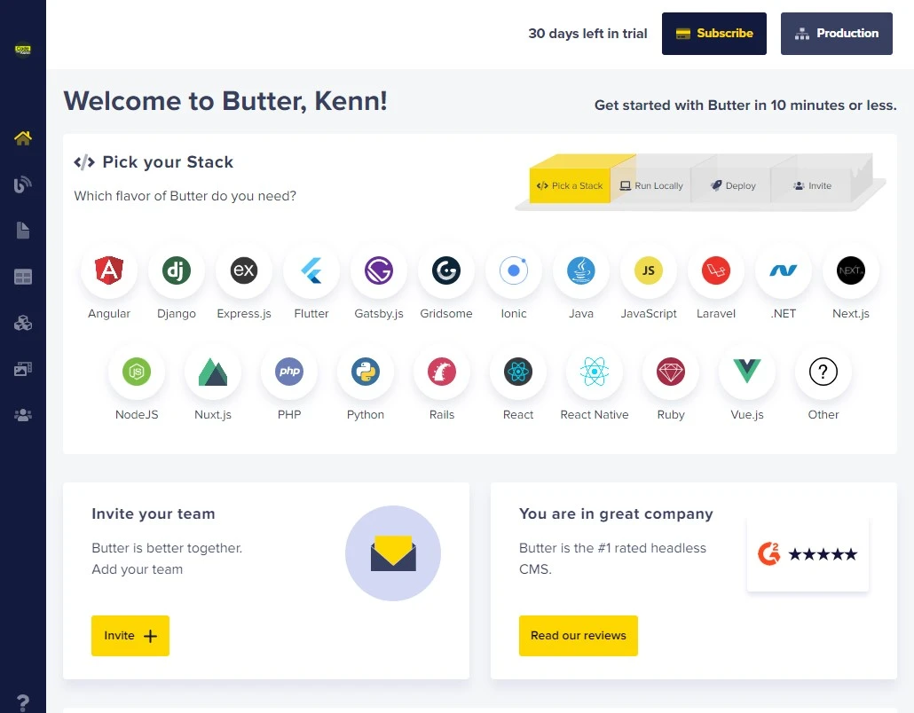 ButterCMS account welcome page