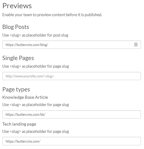 Screenshot showing how to set up preview urls in ButterCMS