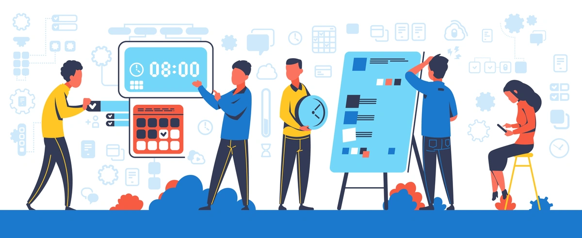 A colorful flat design illustration showing a group of people in a project planning or team meeting scenario, with one individual pointing at a clock, another holding a checklist, and a third looking perplexed, all in front of a large task board with various diagrams, symbolizing teamwork and project management.
