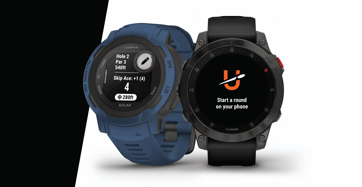 Two Garmin watches displaying UDisc scoring on a black and white background