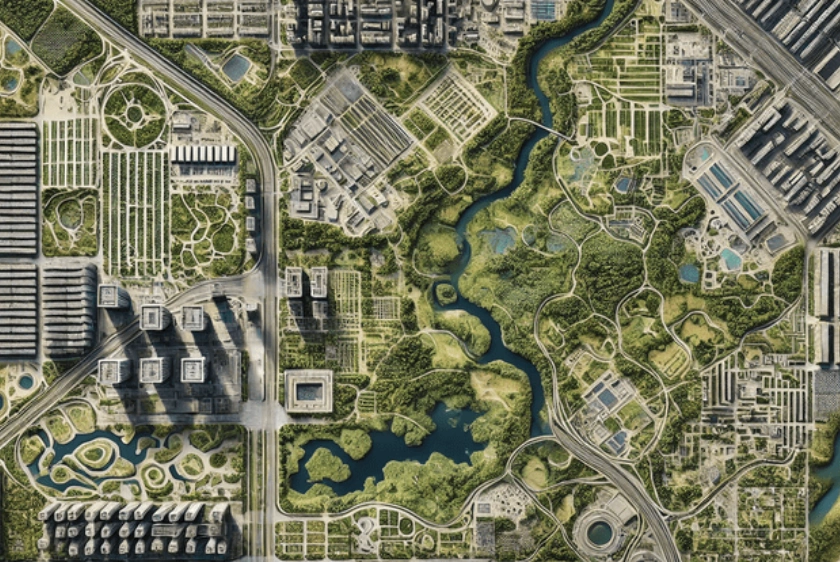 Aerial view of a mixed-use landscape featuring urban habitats