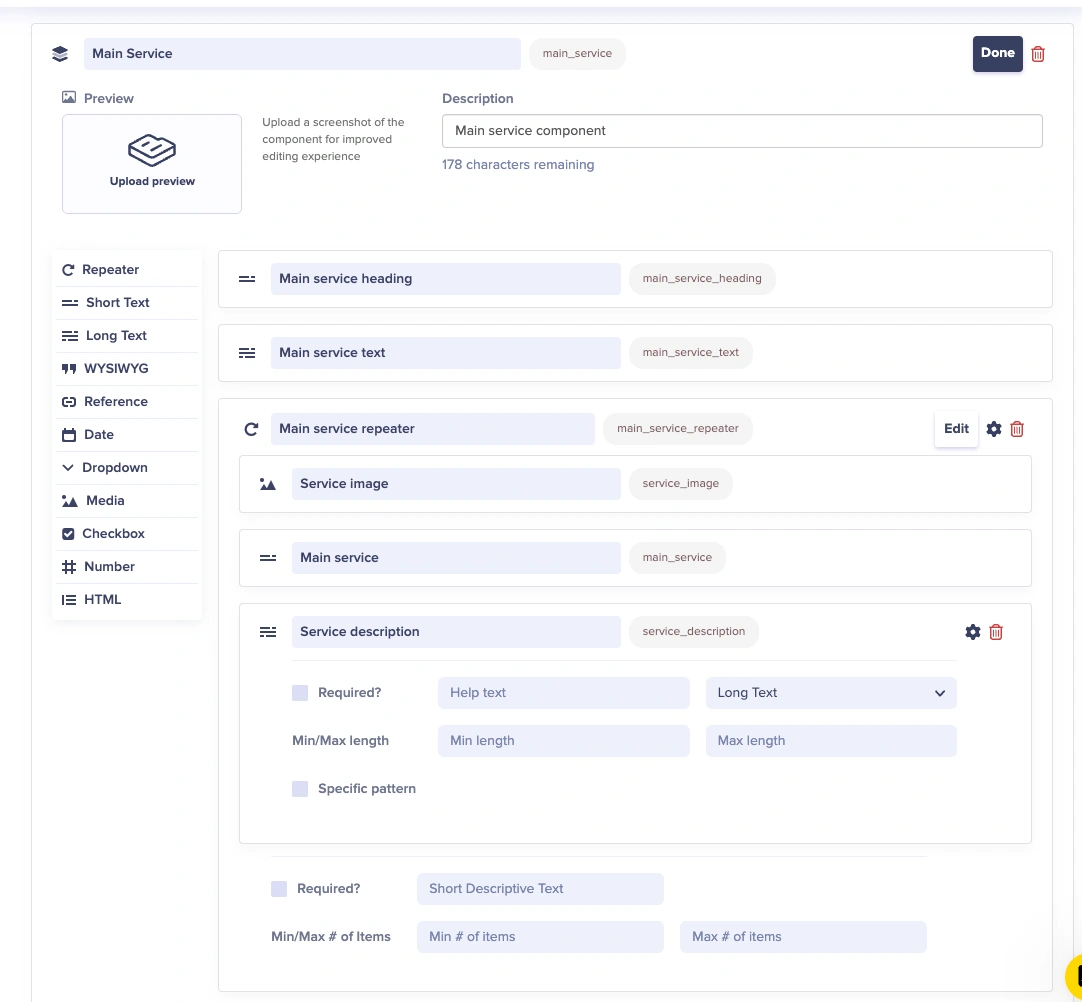 Hugo landing page Main Service component configuration