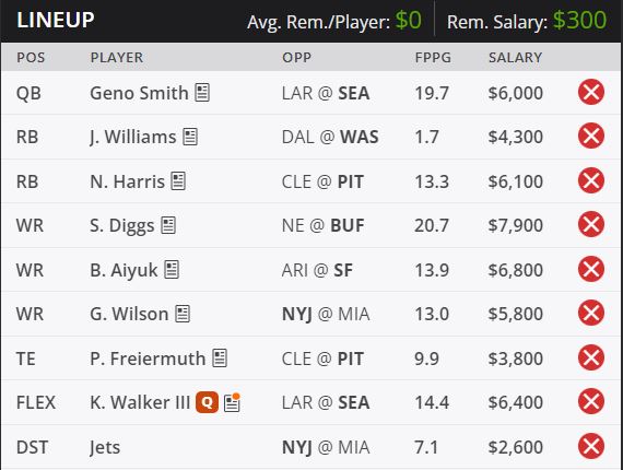 sunday night draftkings lineup