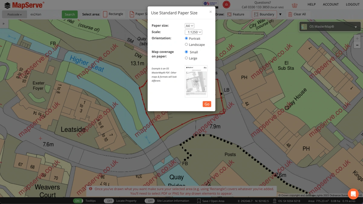 MapServe's paper size tool