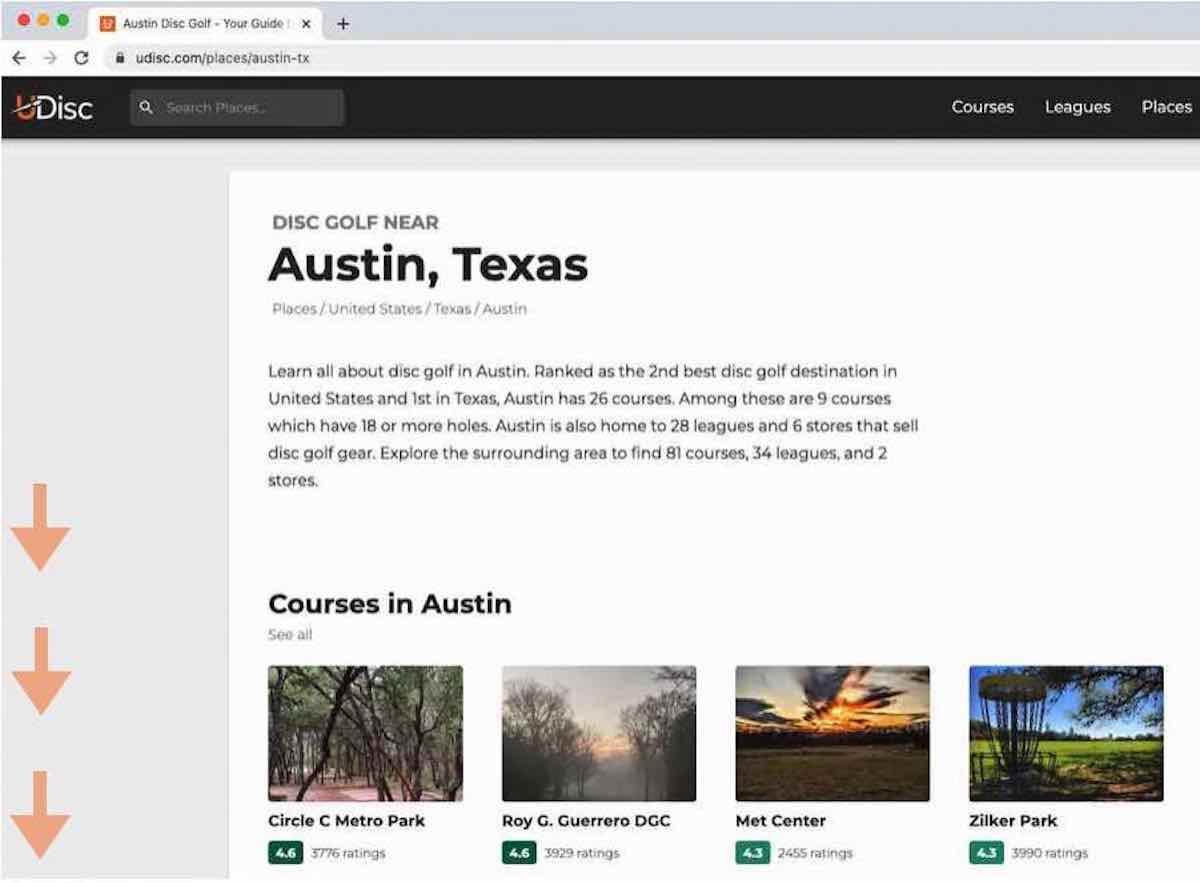 Disc golf places page for Austin with 4 featured courses