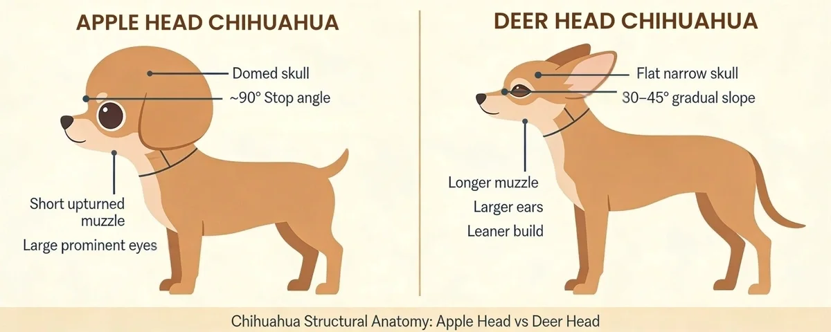 Illustrated diagram comparing Apple Head and Deer Head Chihuahua skull anatomy including stop angle and muzzle length