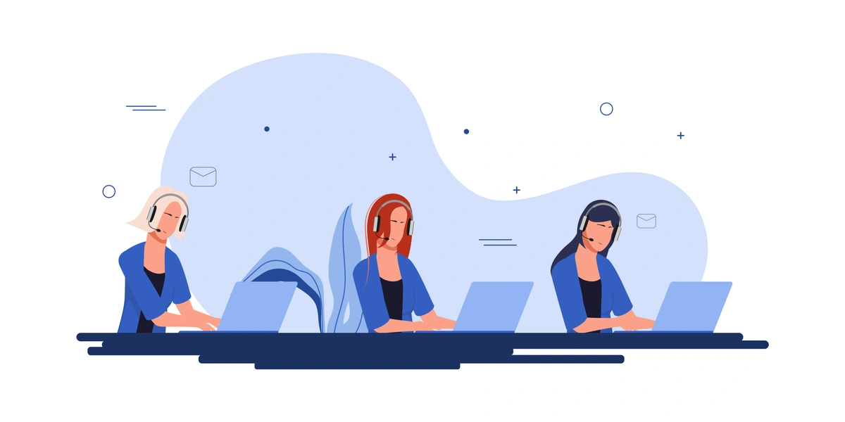 A graphic image of three customer service representatives with headsets working on computers, denoting a call center or support team environment.