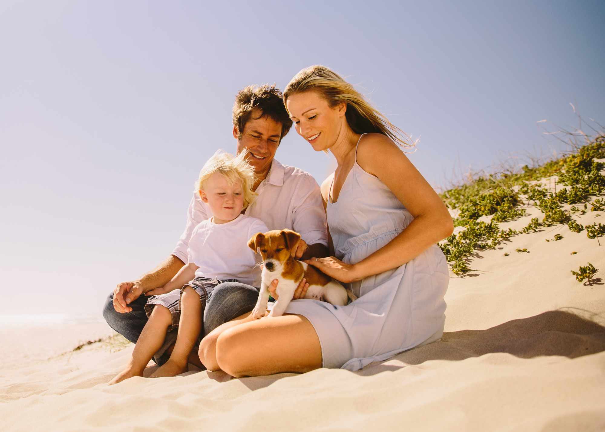a family on the beach with a puppy
