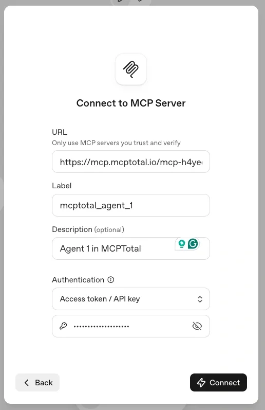 Screenshot shows the OpenAPI agent builder connect to MCP server dialog containing details of the MCPTotal agent-1 space.