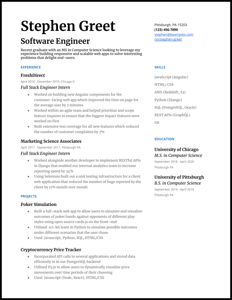 Computer science internship resume examples