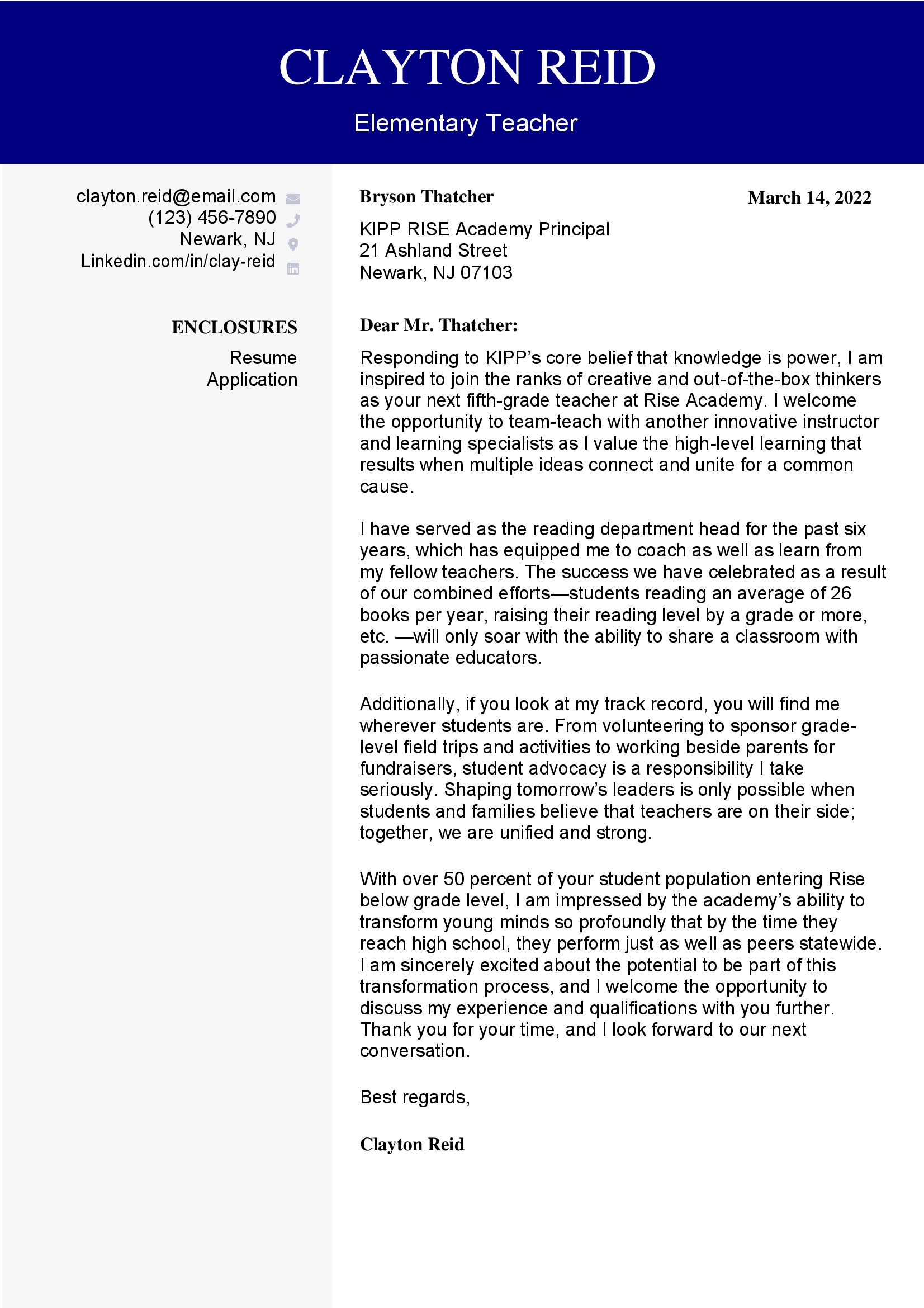 Elementary teacher cover letter with blue contact header