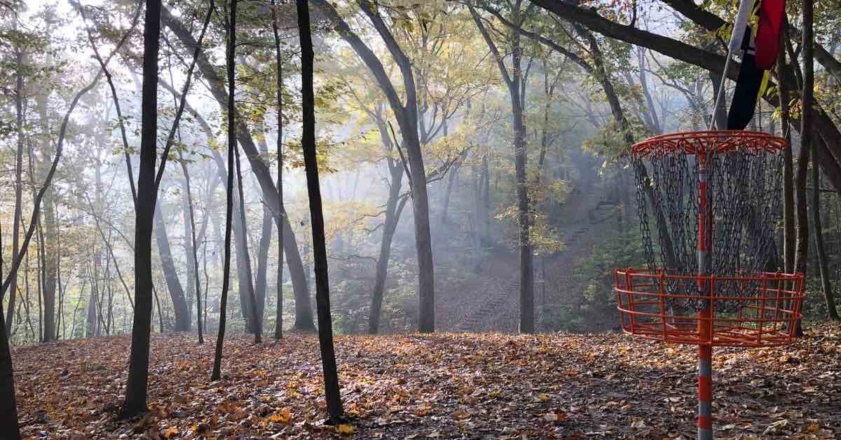 A disc golf basket in a wooded setting with fog coming through the trees