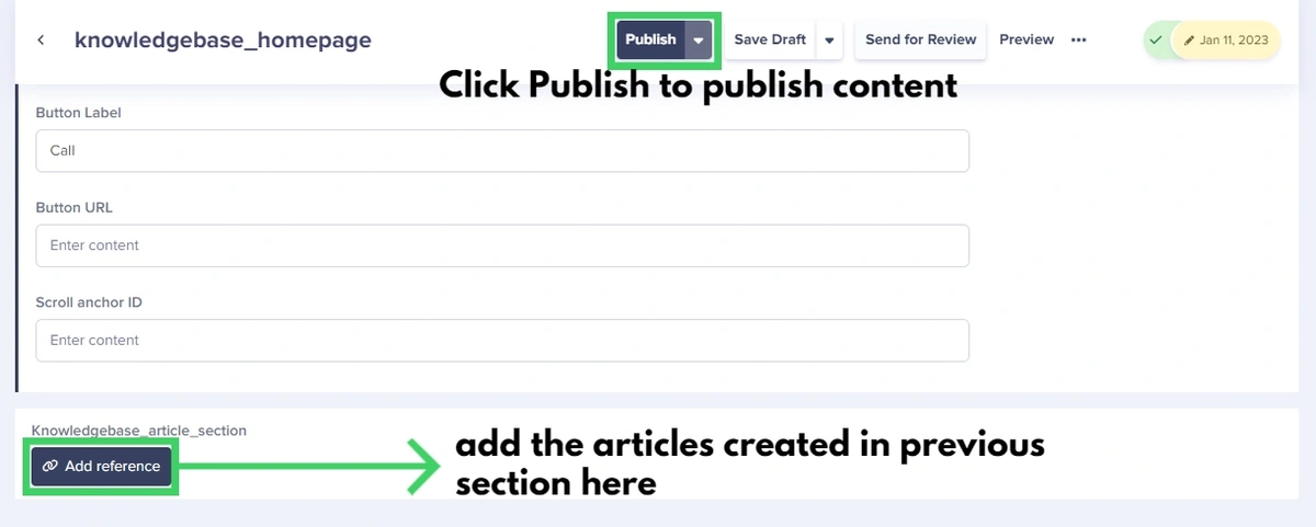 Add created articles via reference and then publish the page