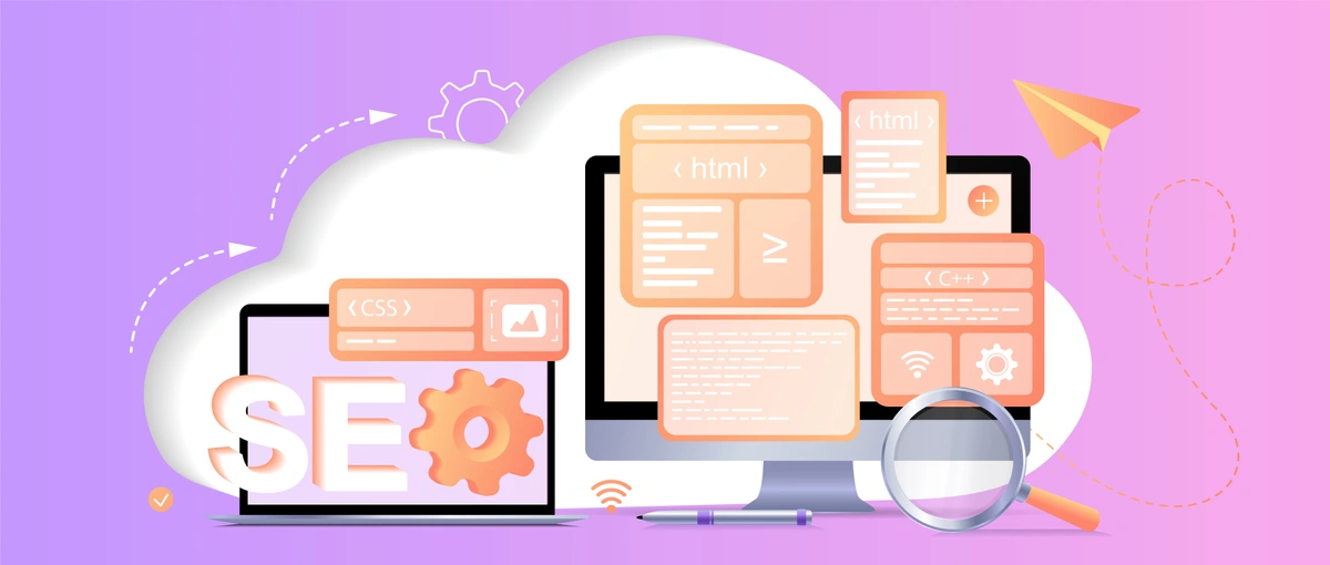 A vibrant graphic illustrating SEO optimization elements with coding and search icons.