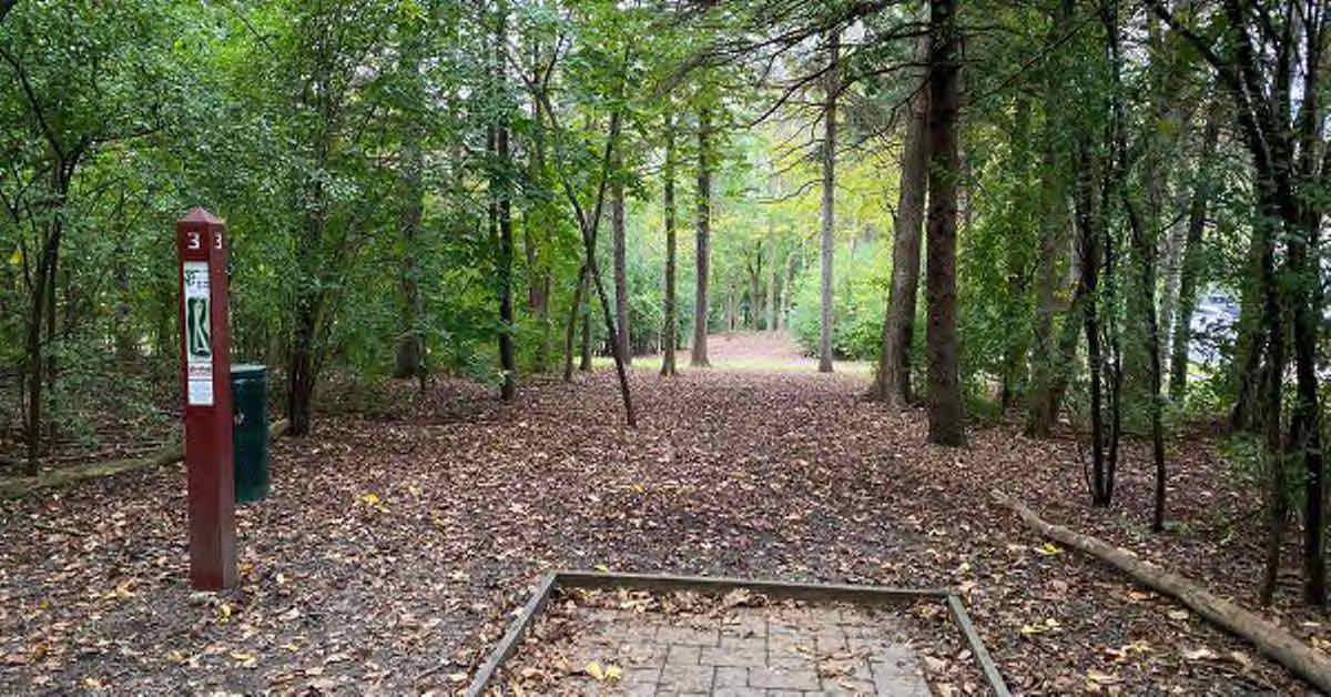Tee pad leads to a fairly tightly wooded disc golf fairway