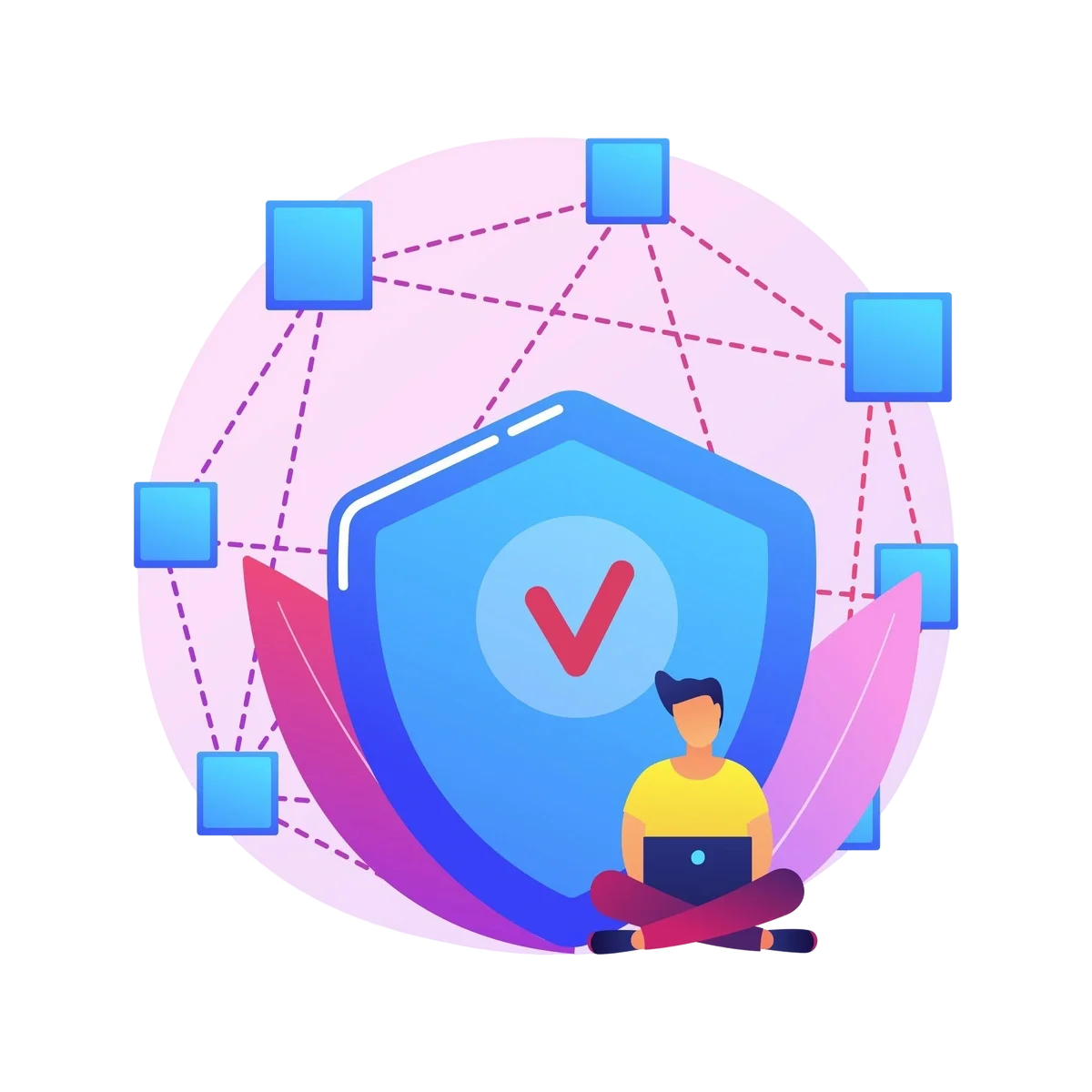 Person sitting with laptop in front of a large shield symbol, representing cybersecurity and secure digital network connections.