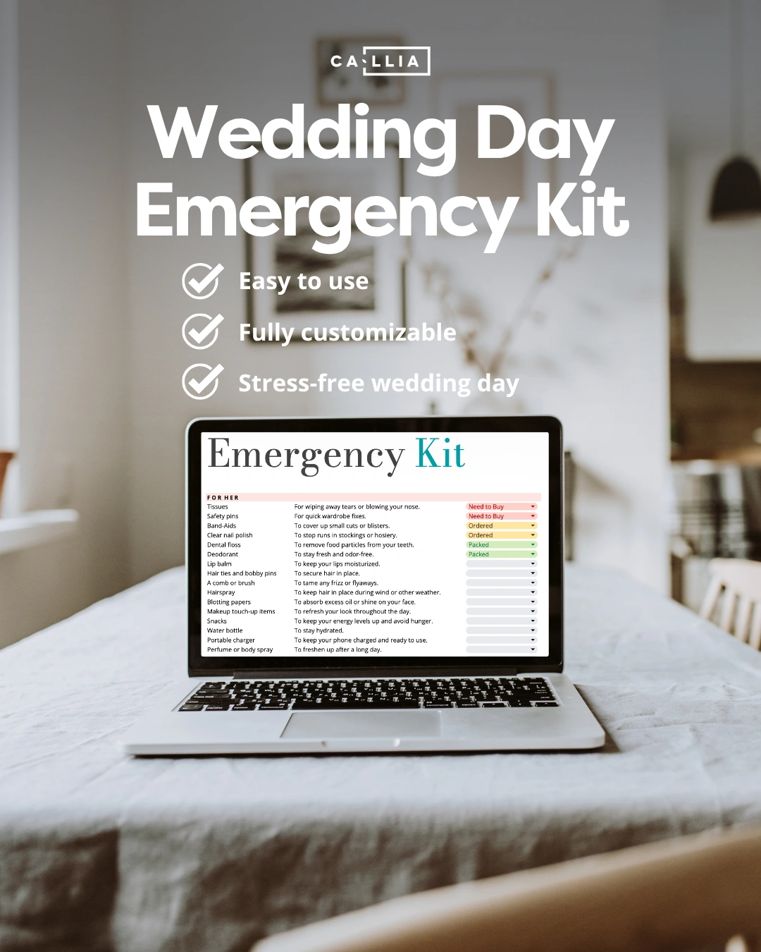 A laptop with a wedding day emergency kit template open for effective planning.
