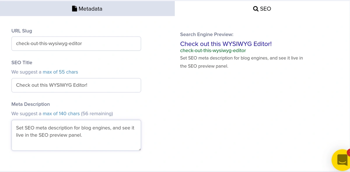 Showng the SEO and metadata panels