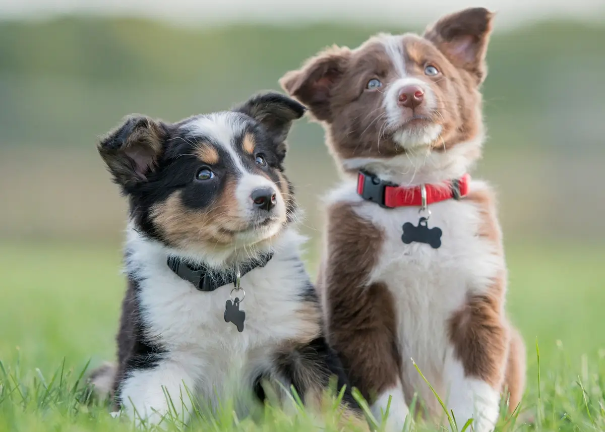 2 seated Australian Shepherd puppies display collars and dog tags