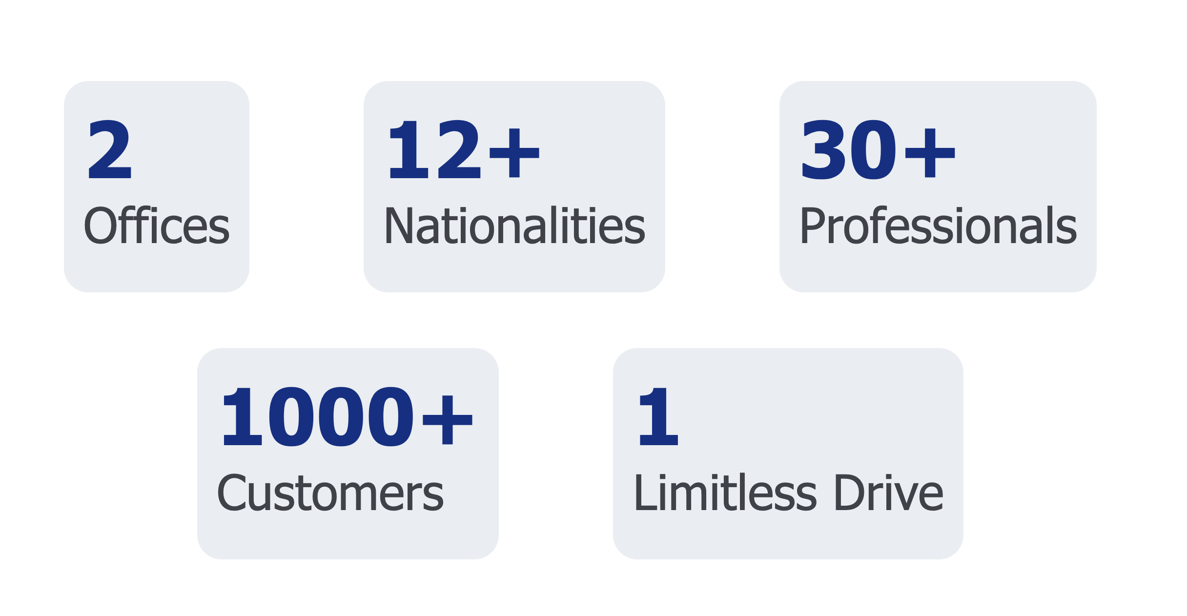 Company statistics: 2 offices, 12+ nationalities, 30+ professionals, 1000+ customers, 1 limitless drive.