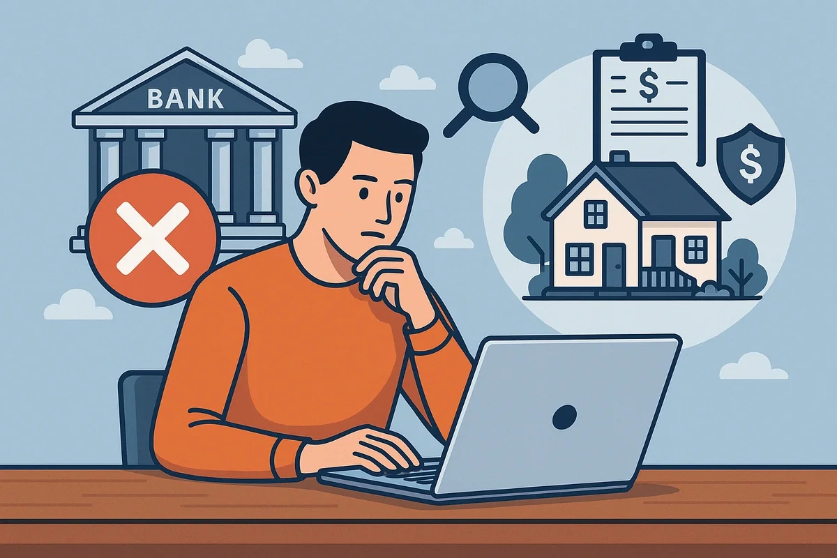 Illustration of an investor researching alternative financing on a laptop after being denied by a traditional bank, with icons of a house, loan documents, and financial symbols.