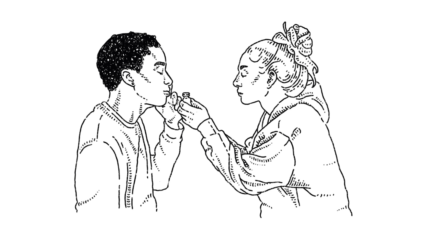 one person intimately offering someone else a whiff of poppers