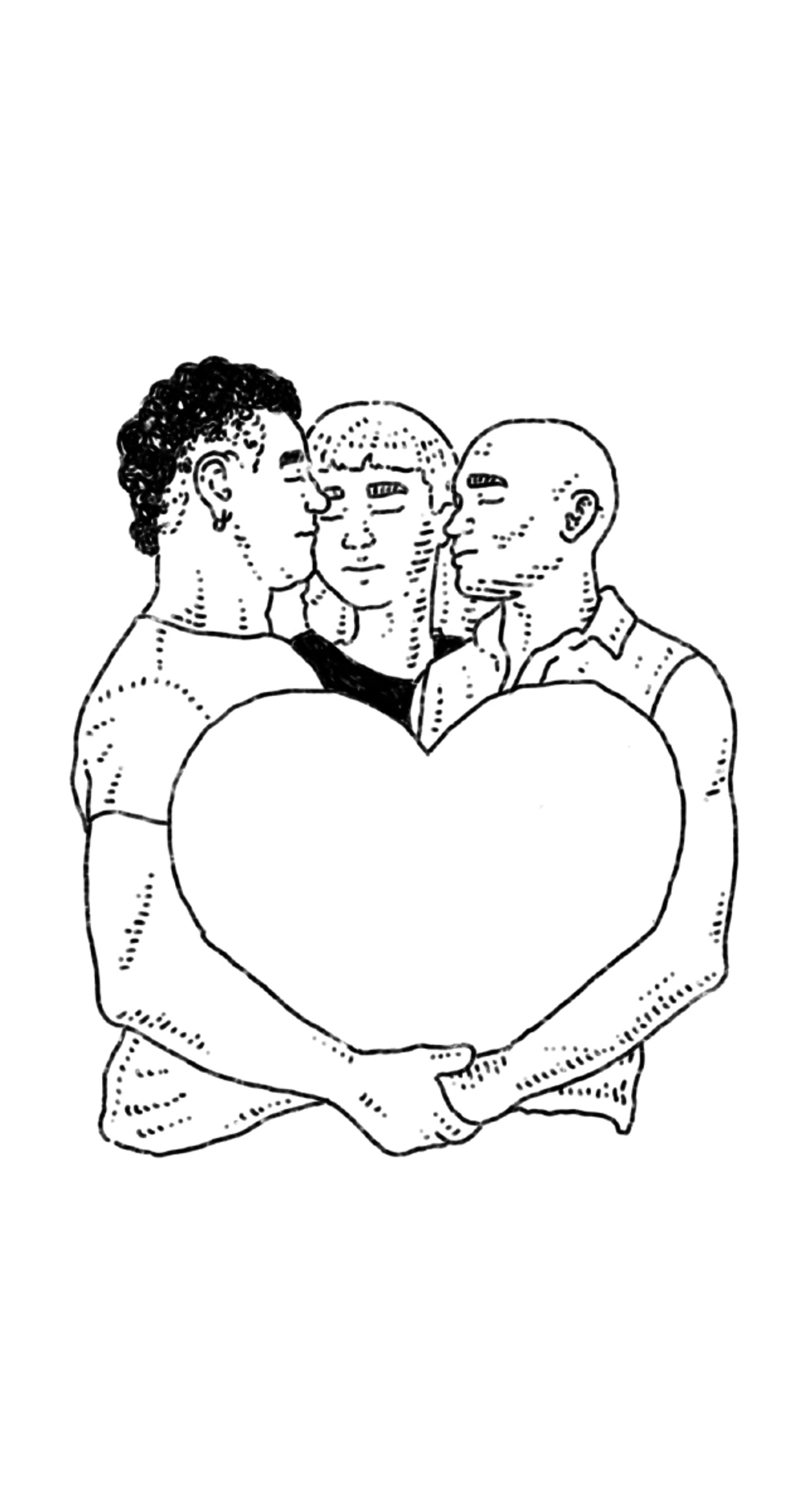 Three people hugging together while two of them hold a heart.