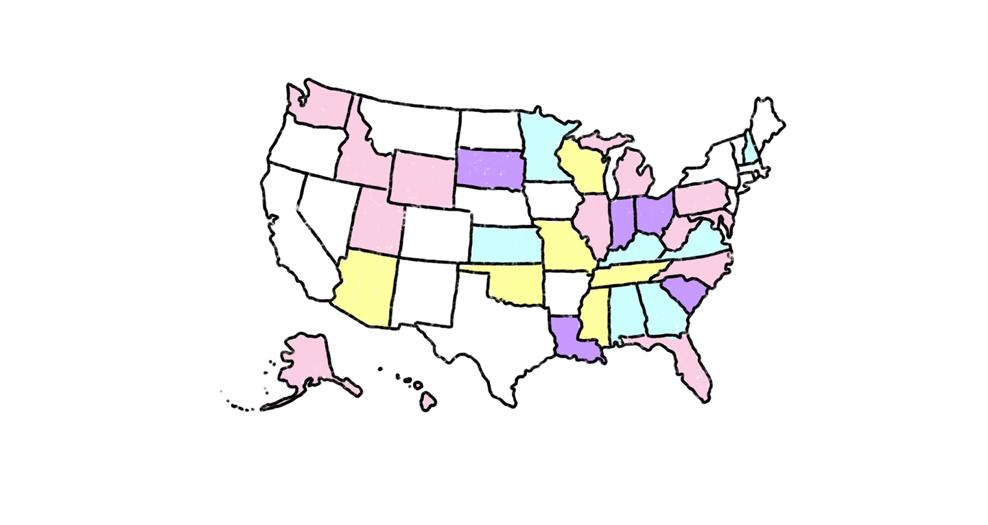 a map of the united states depicting anti-transgender bans state-by-state