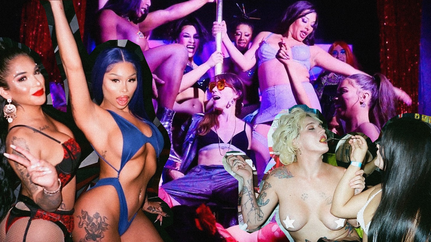 a collage of transgender femme strippers dancing together and celebrating each other