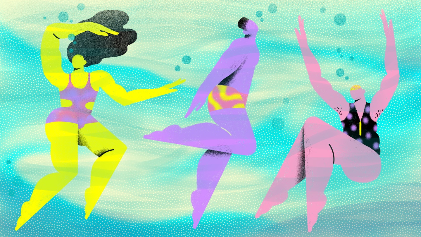 three multi-colored trans bodies swimming in the sea in a variety of gender-nonconforming swimsuits