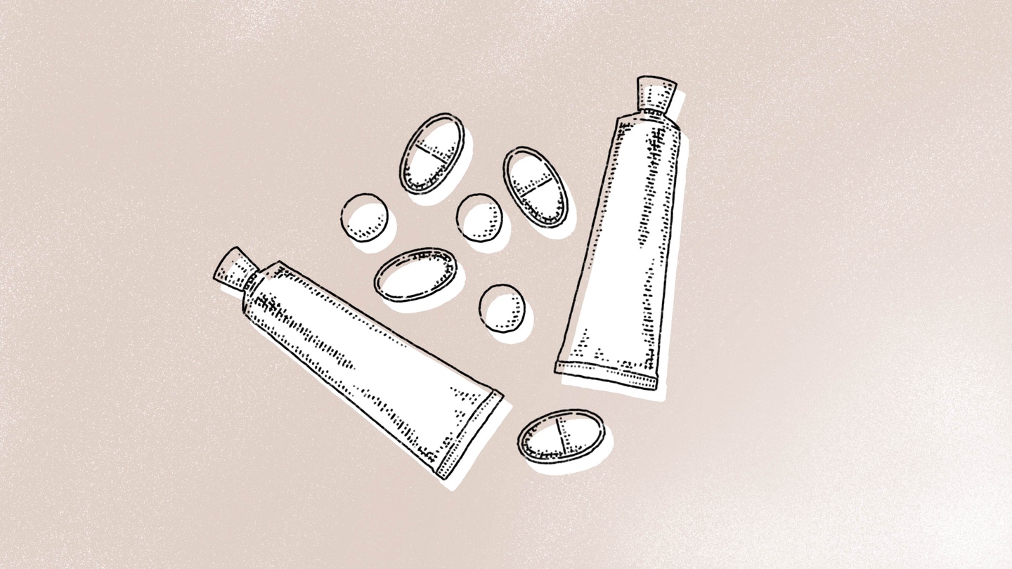 A beige background with illustrations of different pills and cream tubes.