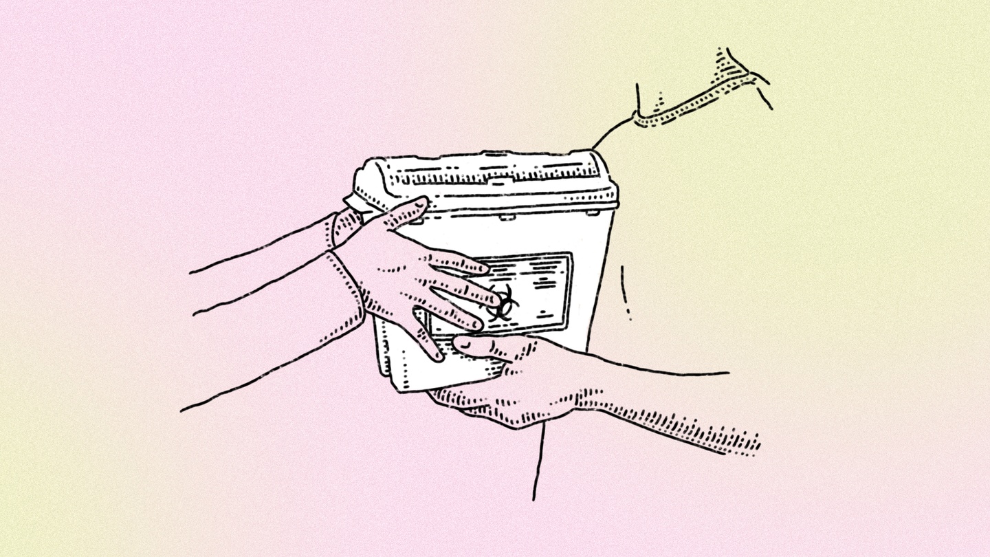 an image of a person handing a sharps container full of used needles and syringes to someone else