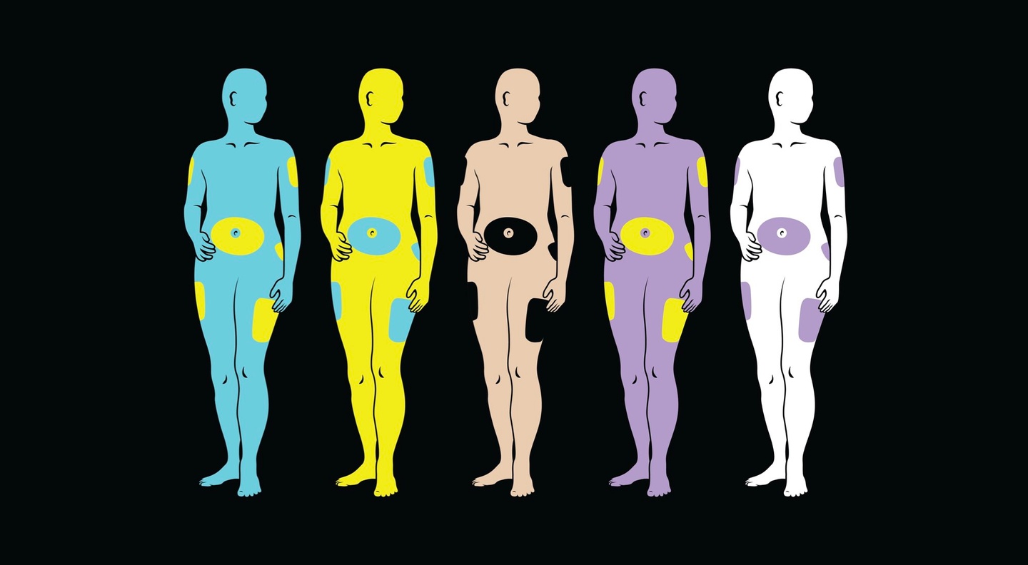 Illustration of bodies in different colors highlighting different parts of the body