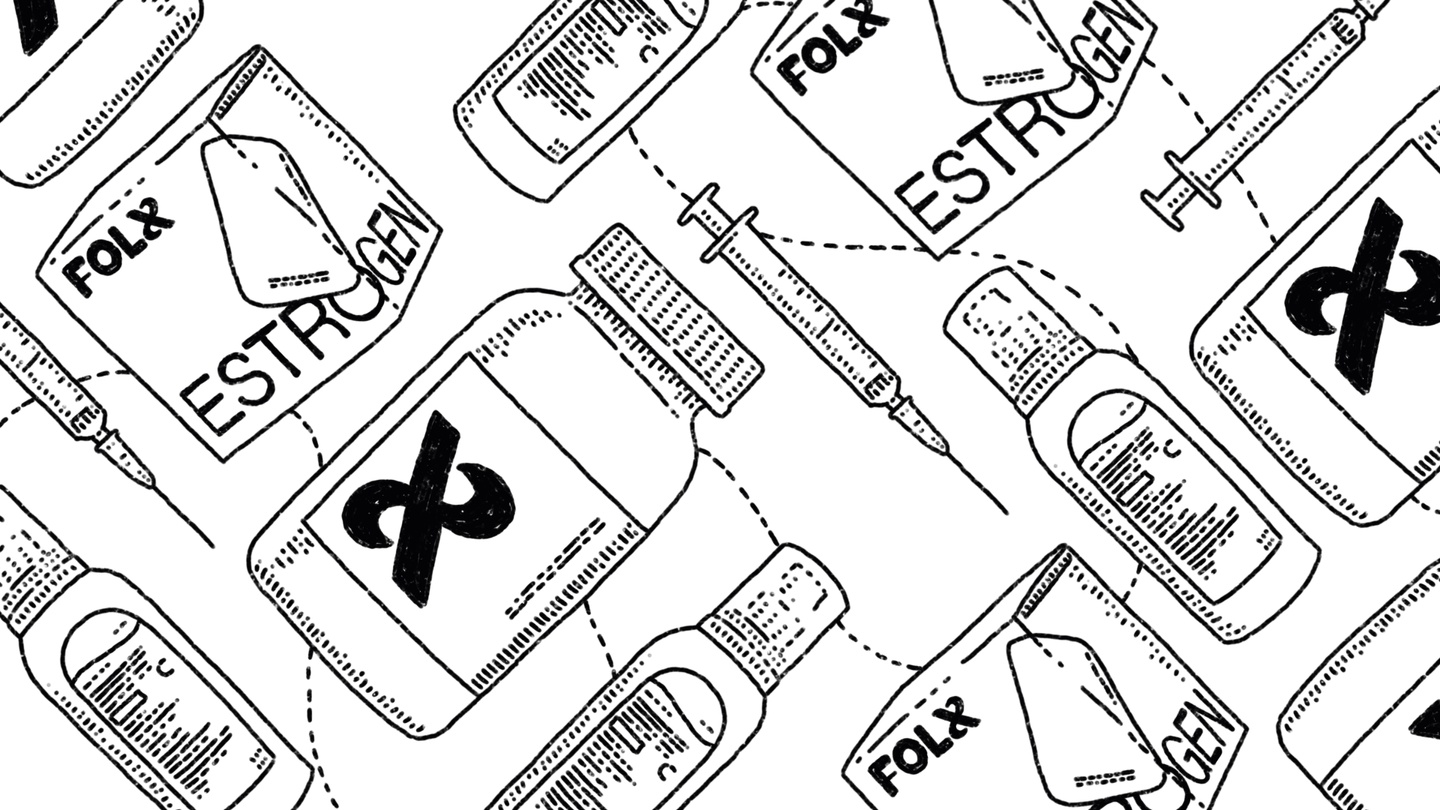 An illustrated pattern of FOLX packaging for estrogen medication alongside syringes and tesosterone bottles.