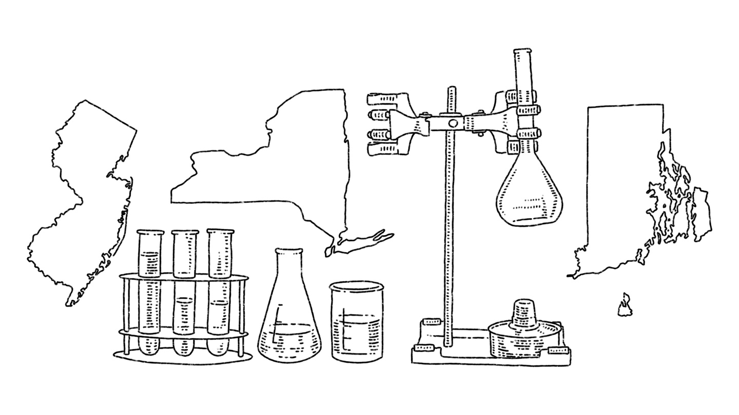 Outline sketches of New Jersey, New York, and Rhode Island alongside laboratory equipment including a set of three test tubs, beakers, and a clamp stand.