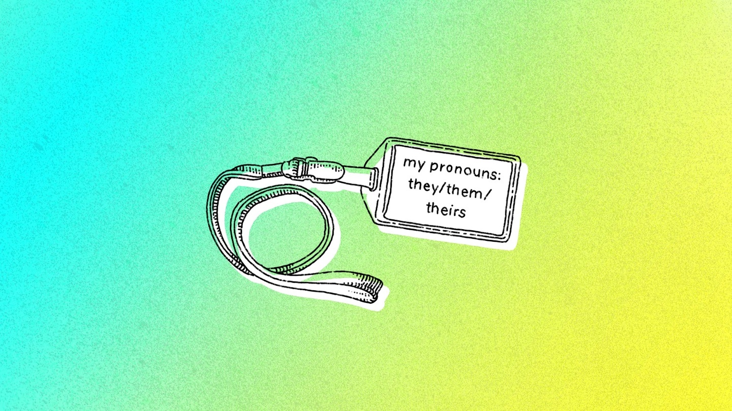 An illustration of a luggage tag that says, "my pronouns: they/them/theirs"