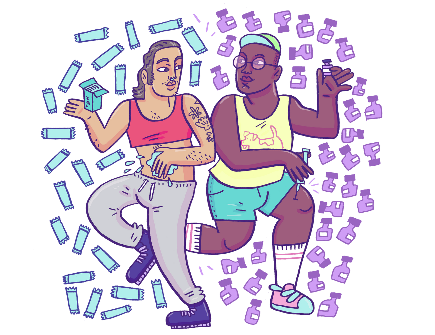illustration of two ftm transgender men with testosterone gel and injections