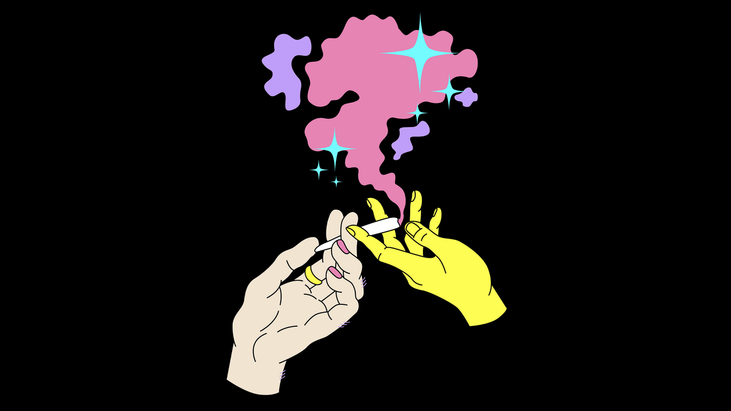 One hand with nail polish, hairy knuckles, and a ring passes a joint to another hand under a cloud of colorful smoke.