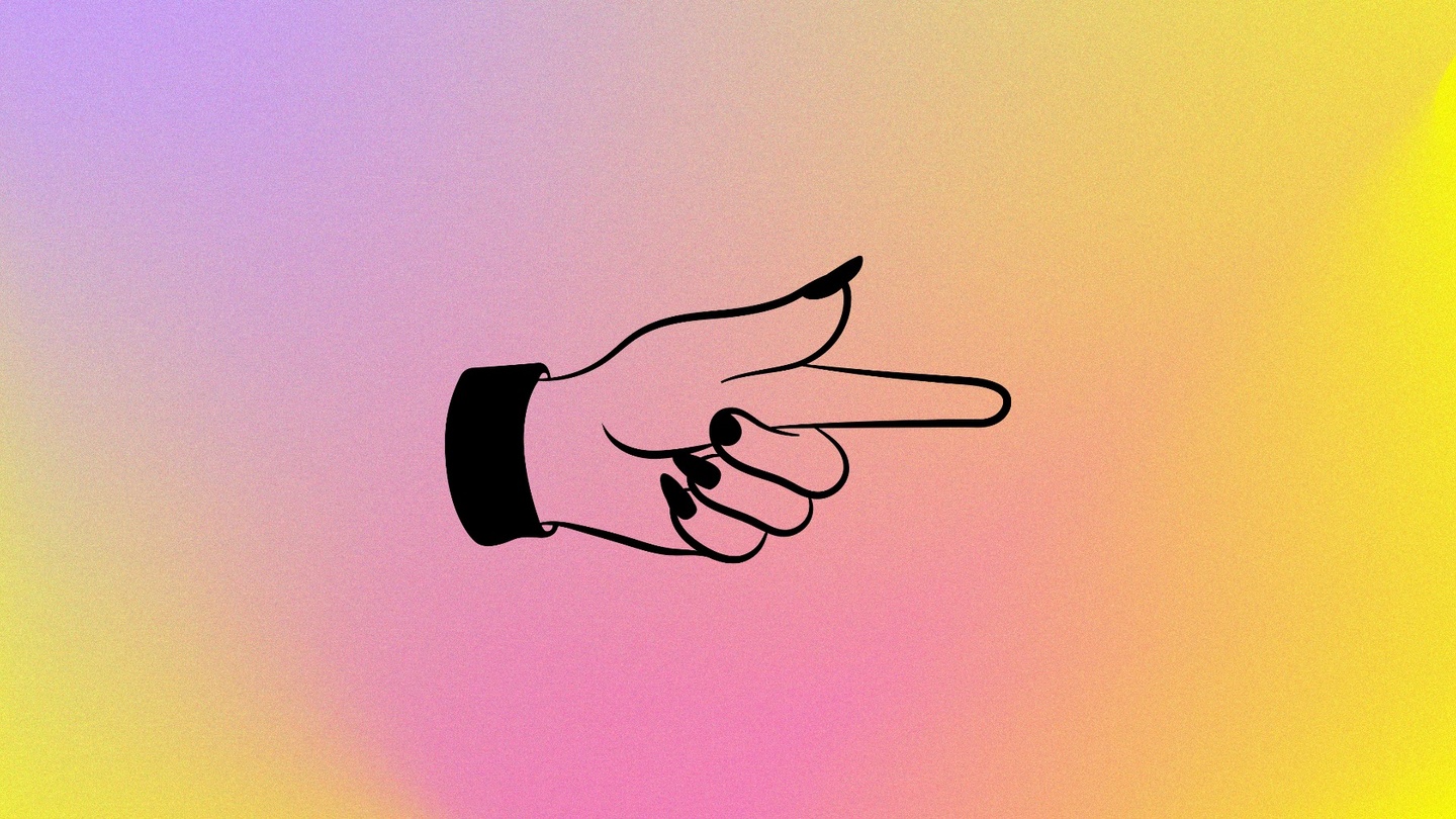 A pink, yellow, and purple gradient background with an illustration of a hand point to the right.