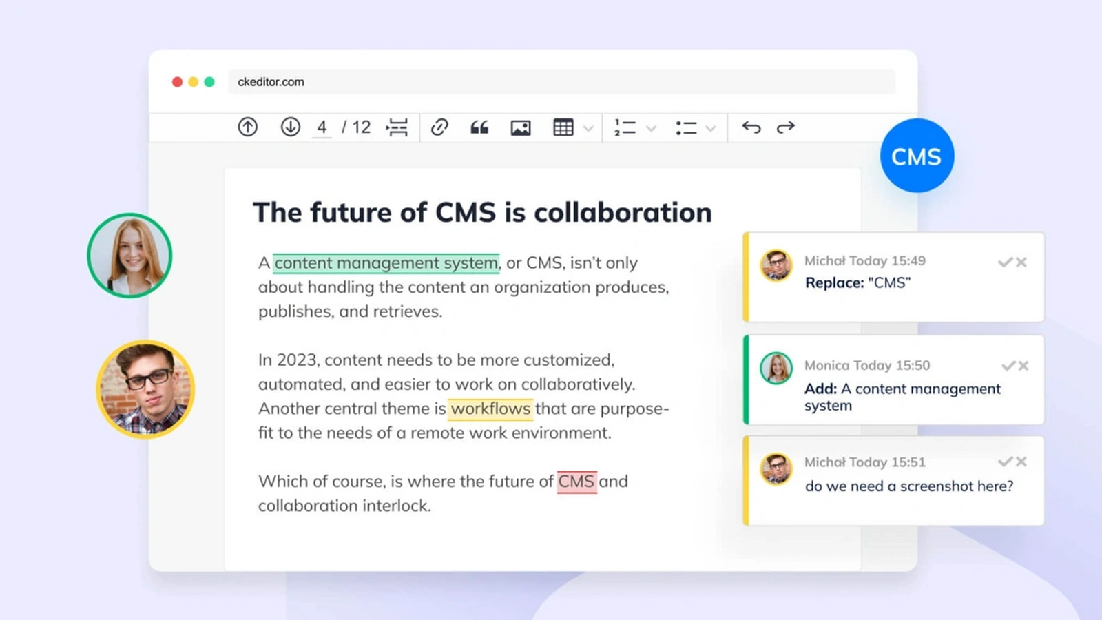 Collaborative content editing interface showcasing suggestions and comments by team members in a CMS. Highlights include a content editing area with highlighted text, comments in the sidebar, and a focus on collaborative workflows.