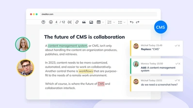 Collaborative content editing interface showcasing suggestions and comments by team members in a CMS. Highlights include a content editing area with highlighted text, comments in the sidebar, and a focus on collaborative workflows.