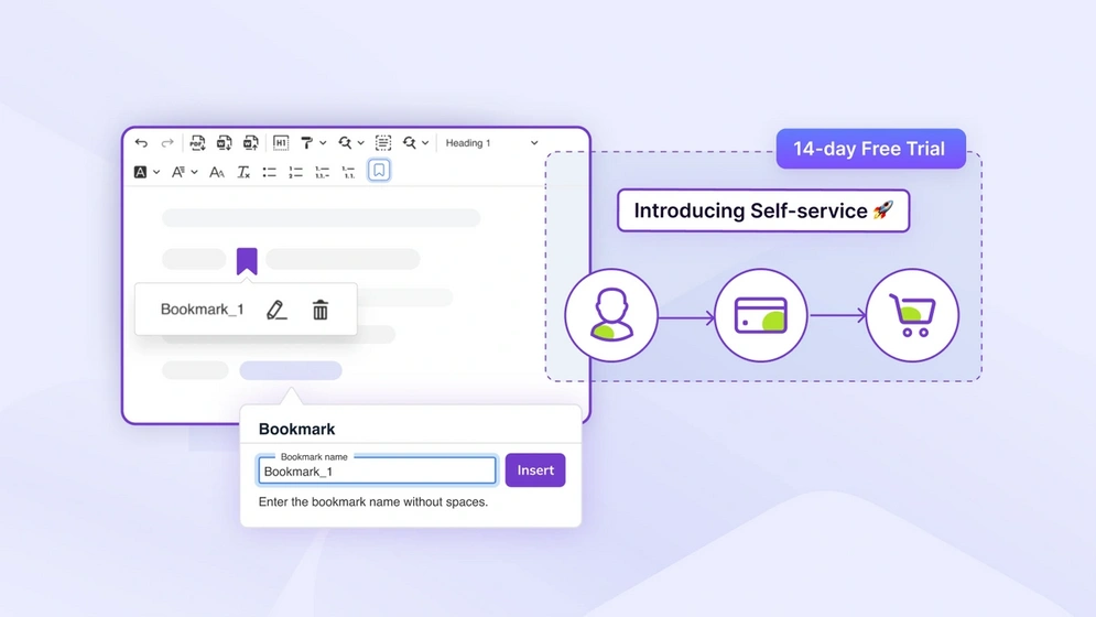 Blog post header image showcasing CKEditor 5's new Bookmarks feature with a bookmark icon in the editor, and Self-Service plans with a visual flow illustrating a simplified purchasing process, including user, payment, and checkout icons.